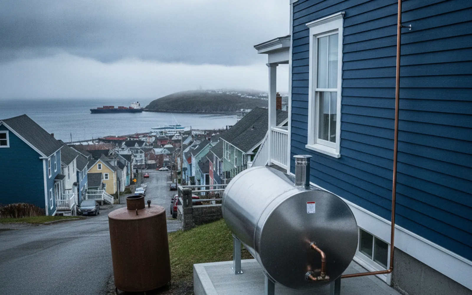 New 200-gallon steel heating oil tank on a concrete pad beside a clapboard St. John's home