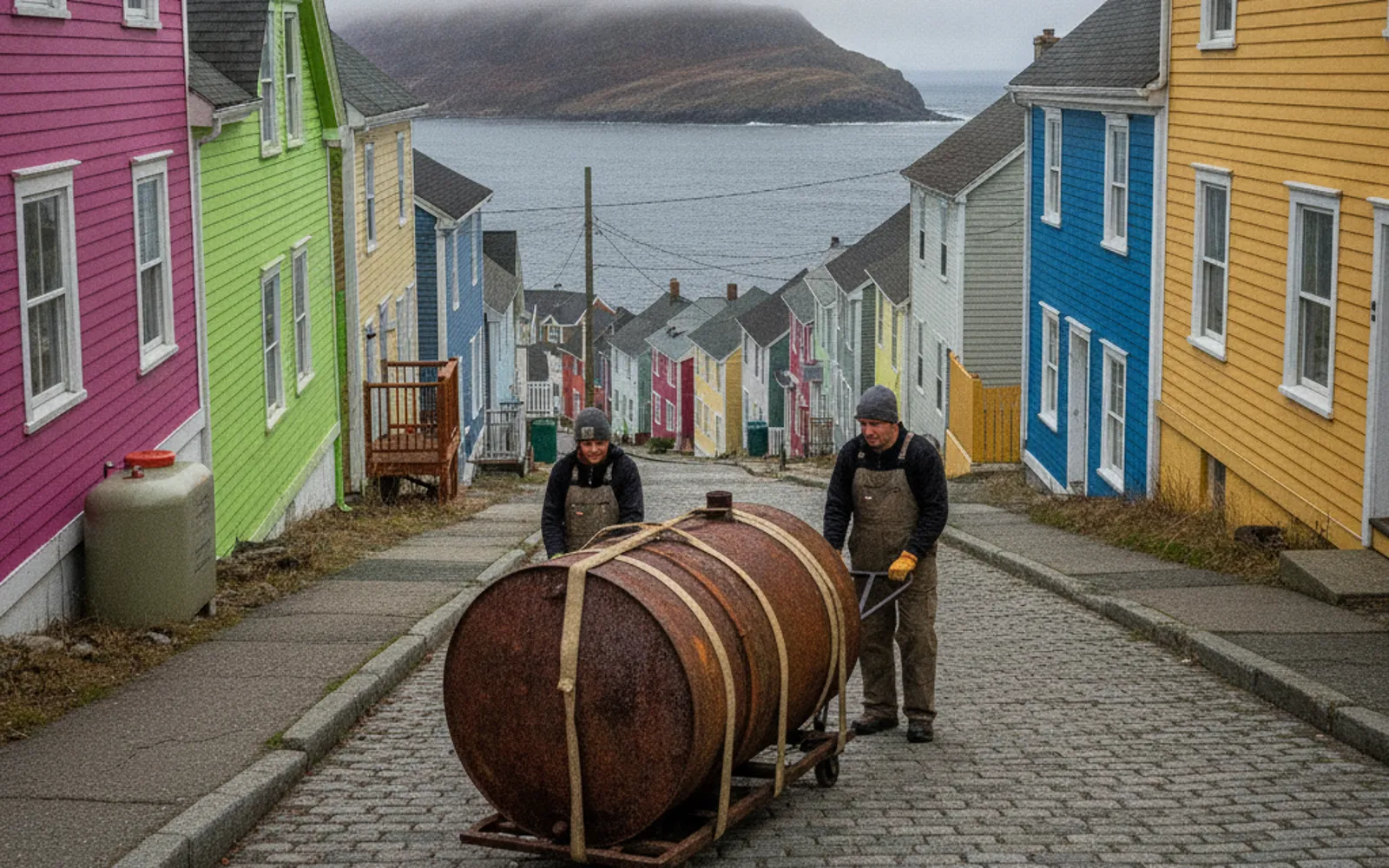 Two workers wheeling an old rusty heating oil tank away from a house on a dolly