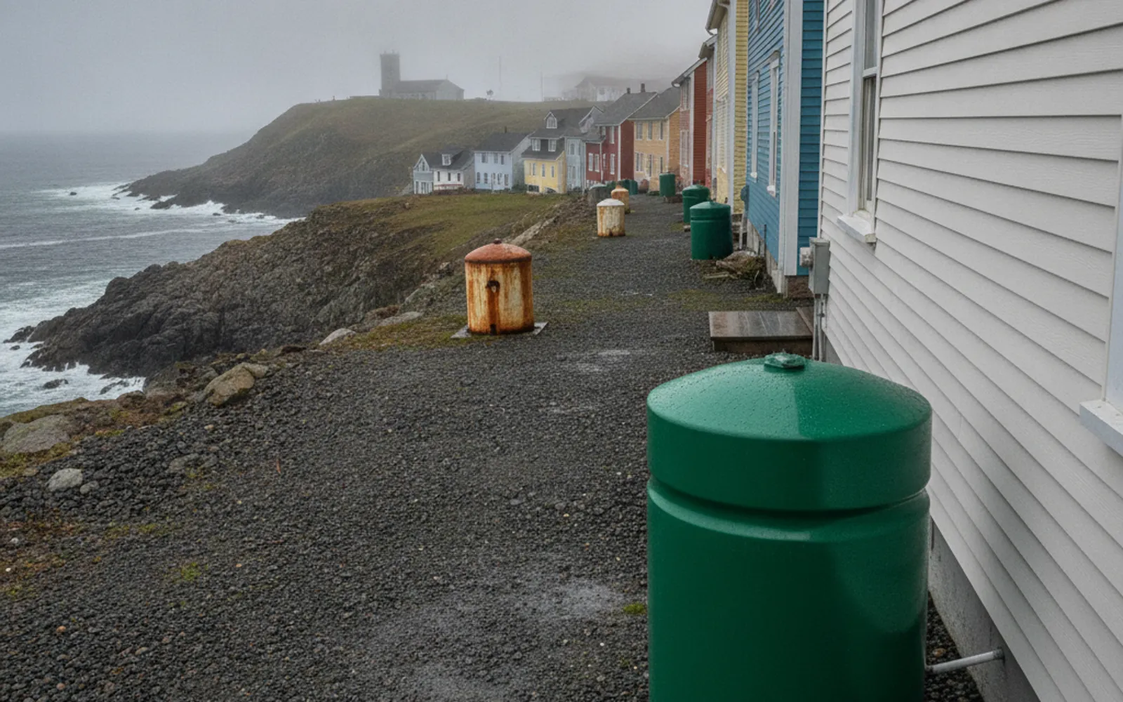 New green fibreglass oil tank installed outside a clapboard house on the Avalon coast