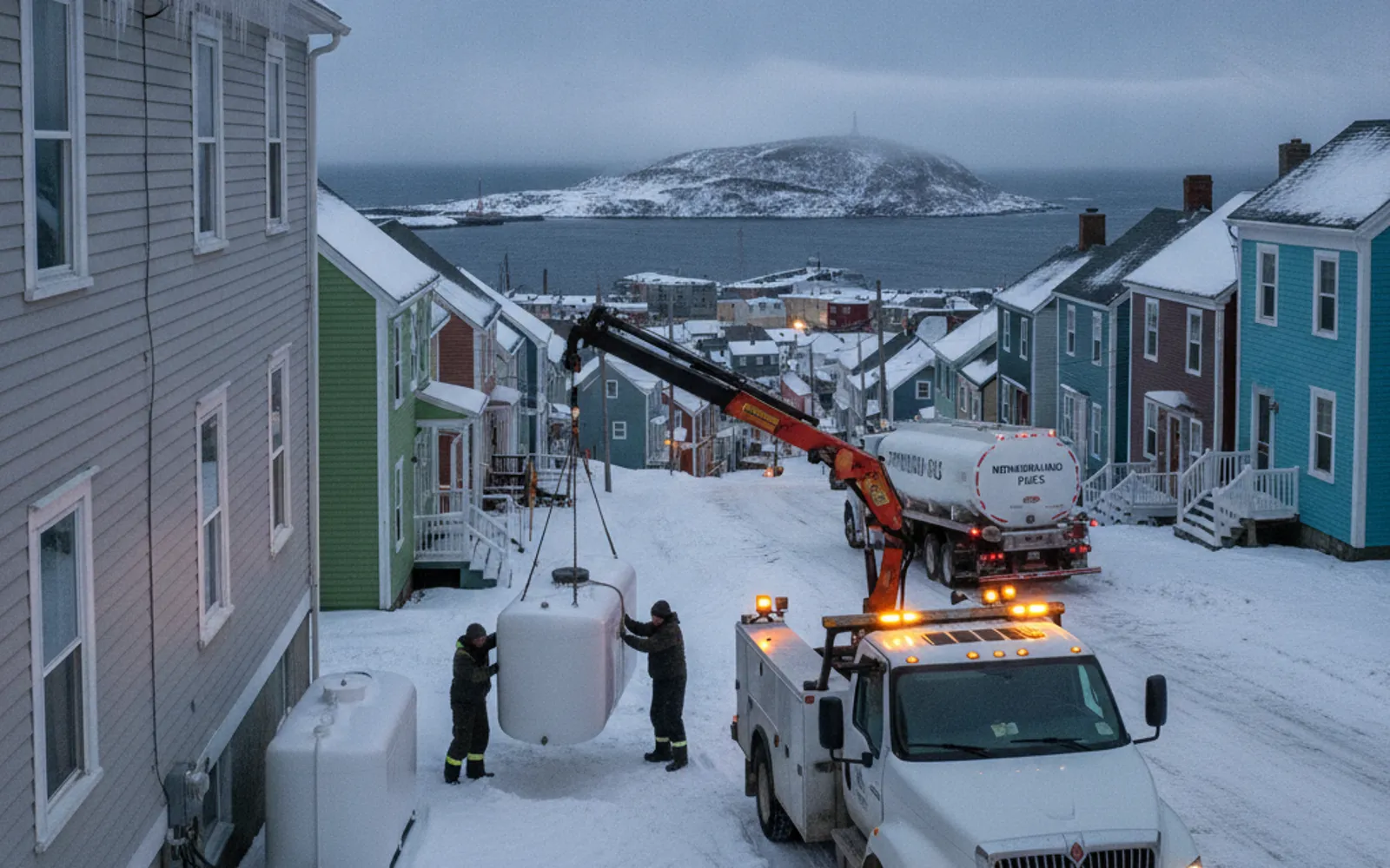 Service truck with work lights on at a snowy Newfoundland home at dusk