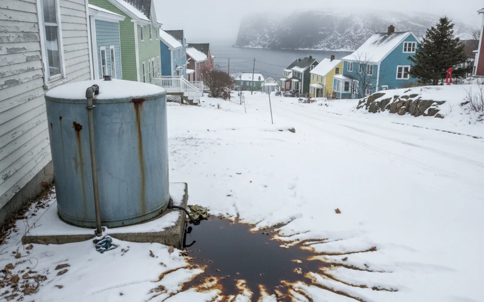 Oil stain spreading across snow beneath an outdoor heating oil tank