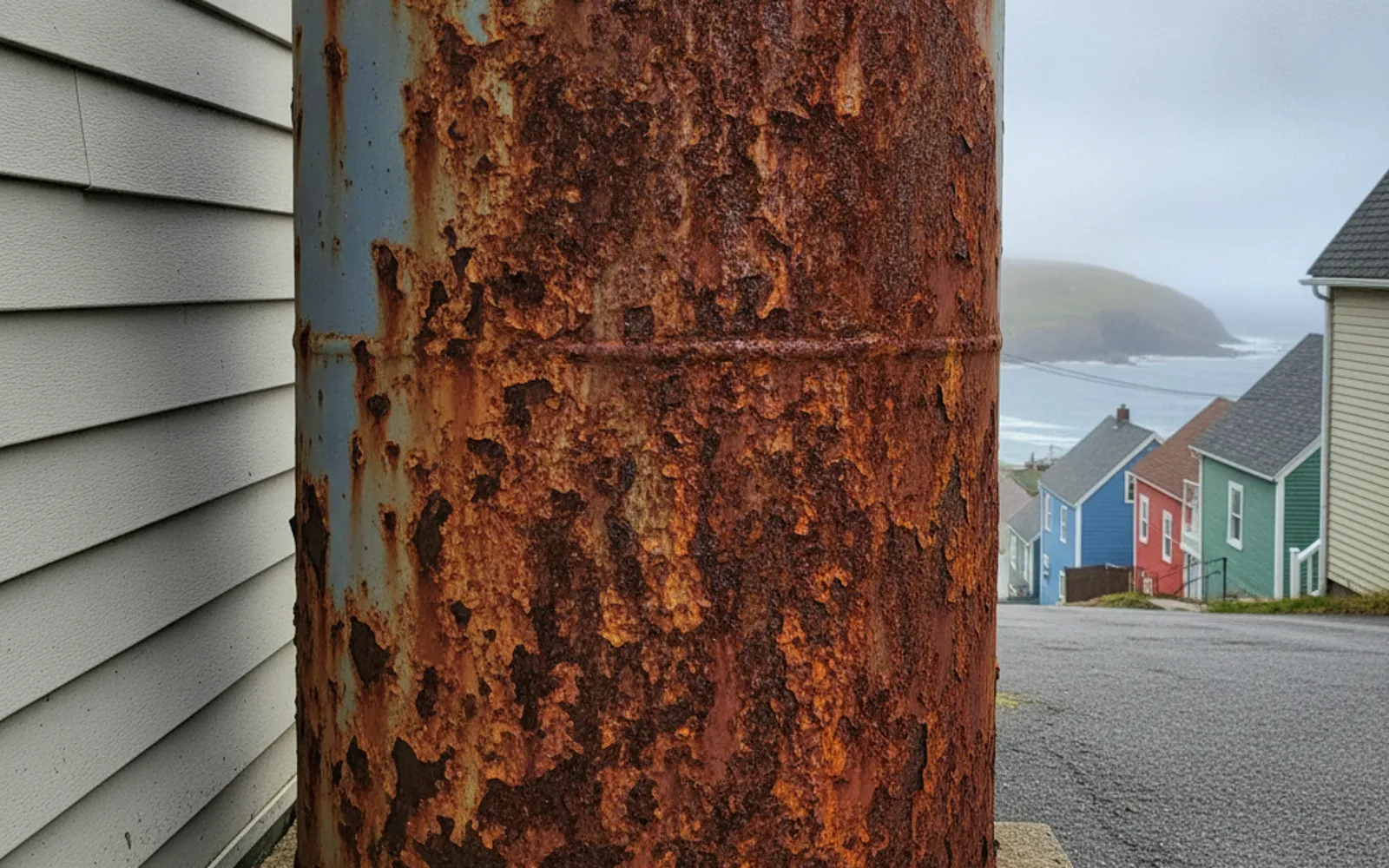 Heavy rust and pitting on the lower shell of an old steel heating oil tank